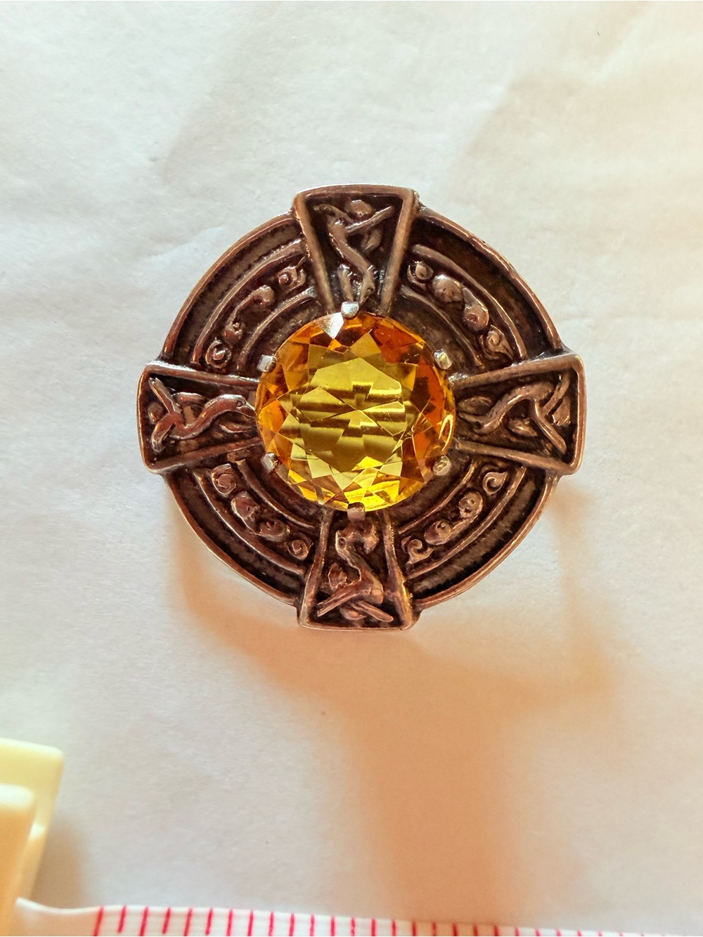 Celtic Cross Brooch with Golden Amber Center - Unbranded